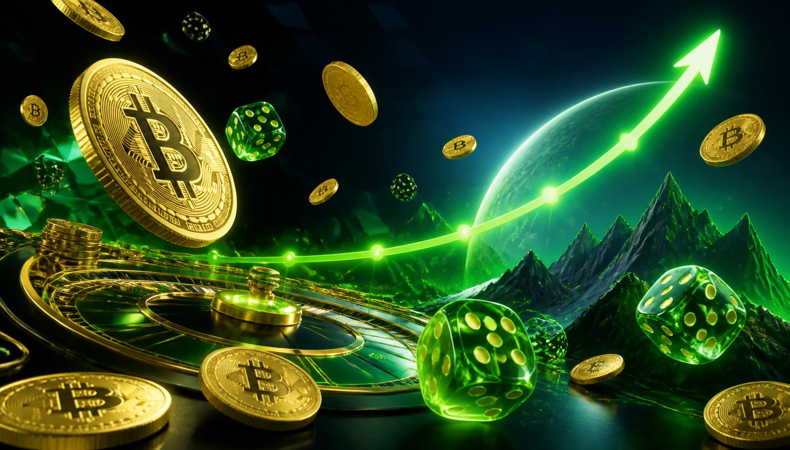 Golden Bitcoin coins, neon dice and a rising multiplier curve